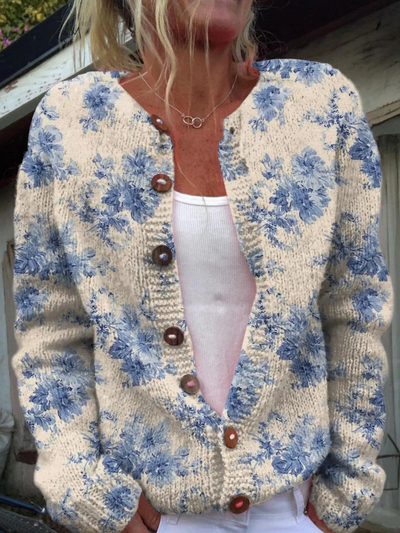 Women's Lovely Floral Art Print | Buttoned Cardigan Sweater