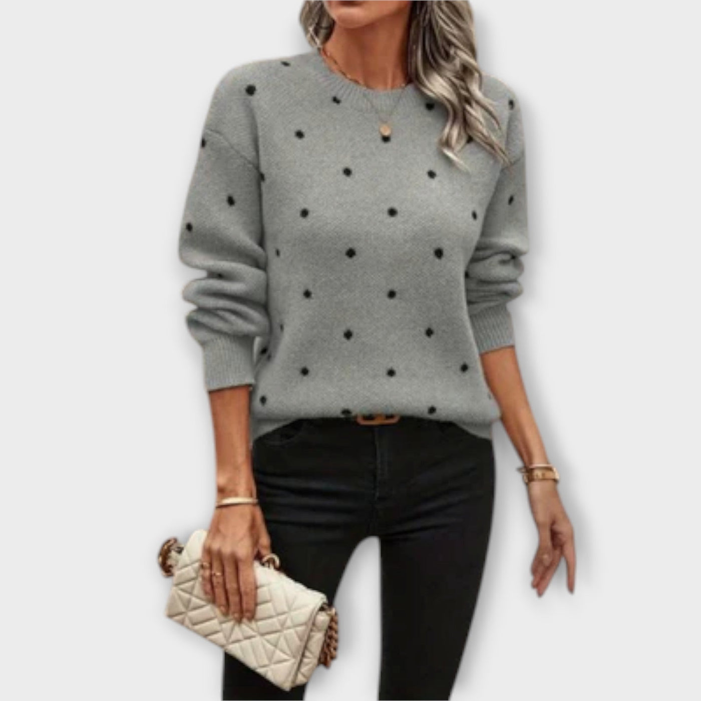 Casual Knitted Sweater with Long Sleeves | Polka Dot Pattern
