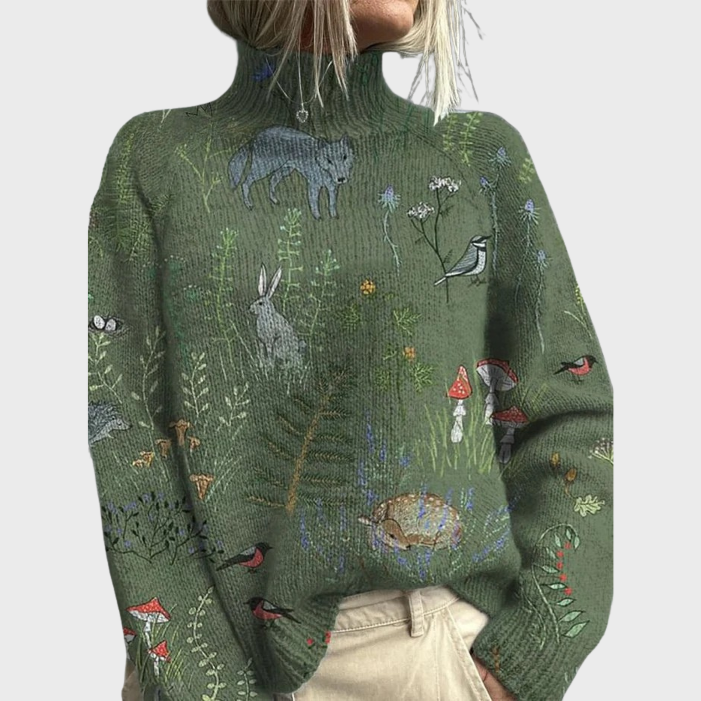 Hana Knitted Turtleneck Sweater | Warm, Stylish Forest Animal Print