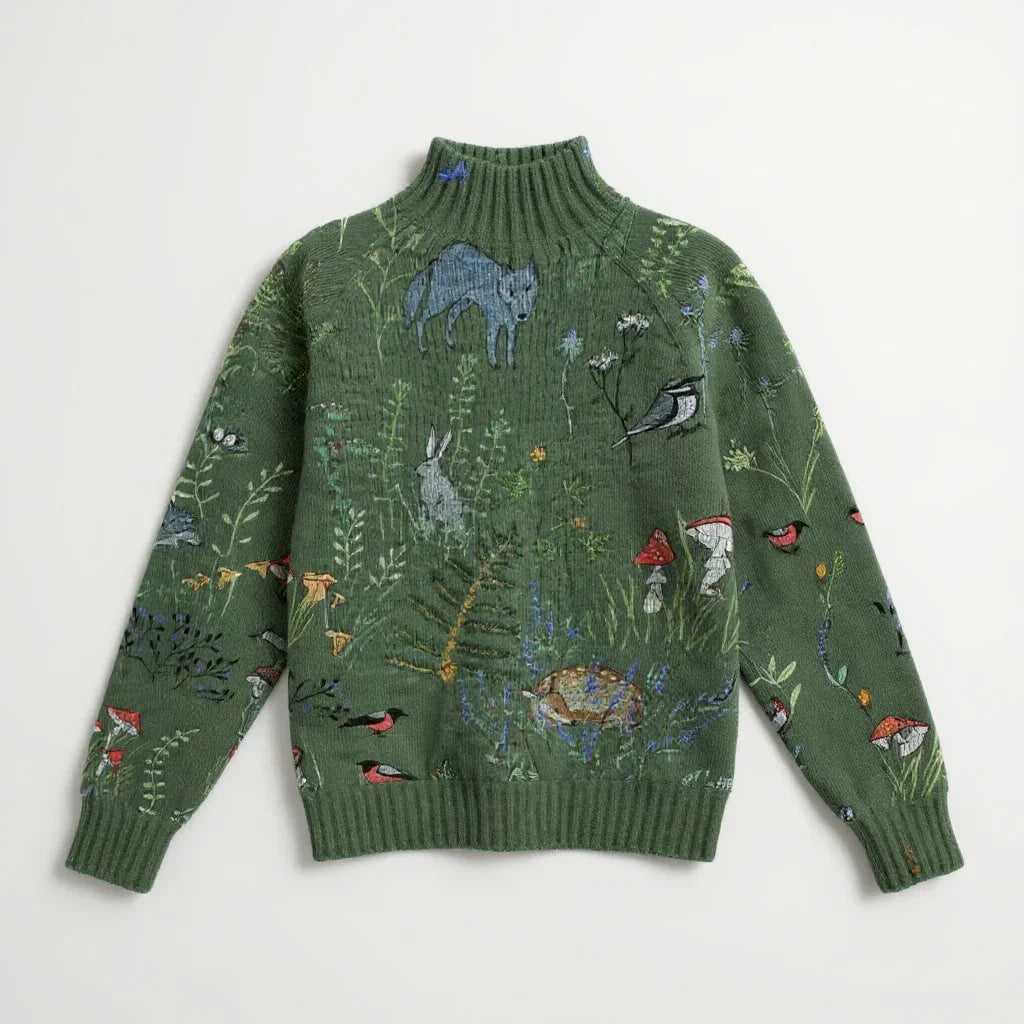 Hana Knitted Turtleneck Sweater | Warm, Stylish Forest Animal Print