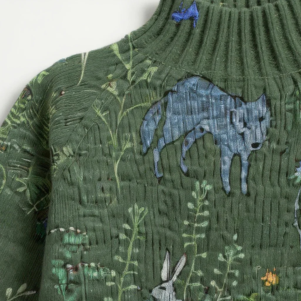 Hana Knitted Turtleneck Sweater | Warm, Stylish Forest Animal Print