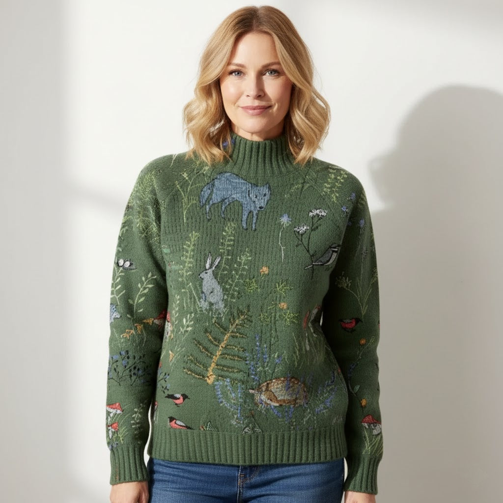 Hana Knitted Turtleneck Sweater | Warm, Stylish Forest Animal Print